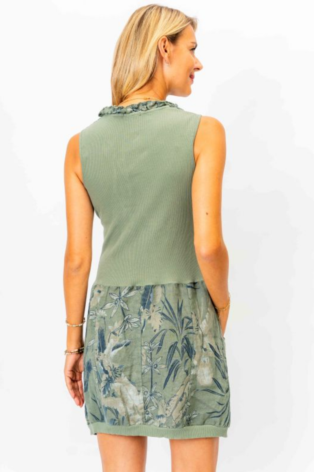 Banana Leaf Linen V-Neck Ruffle Dress