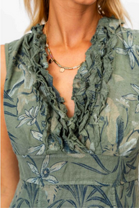 Banana Leaf Linen V-Neck Ruffle Dress