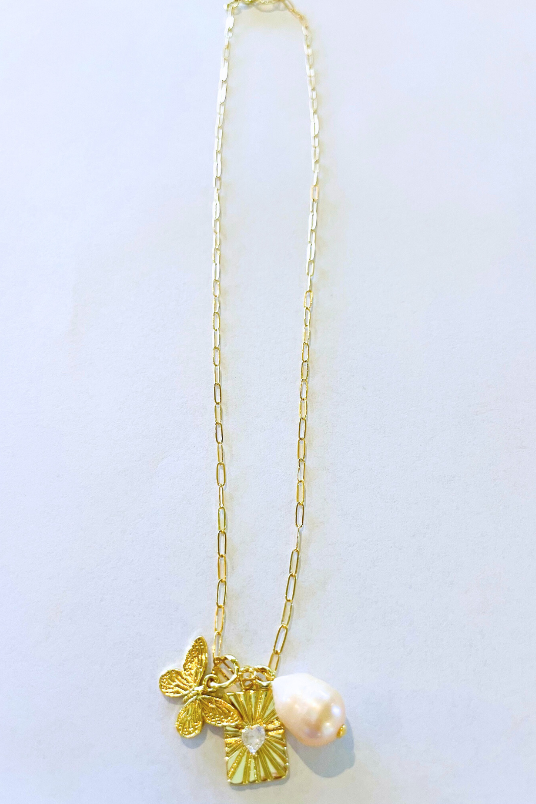 Butterfly + Heart + Pearl Charm Necklace