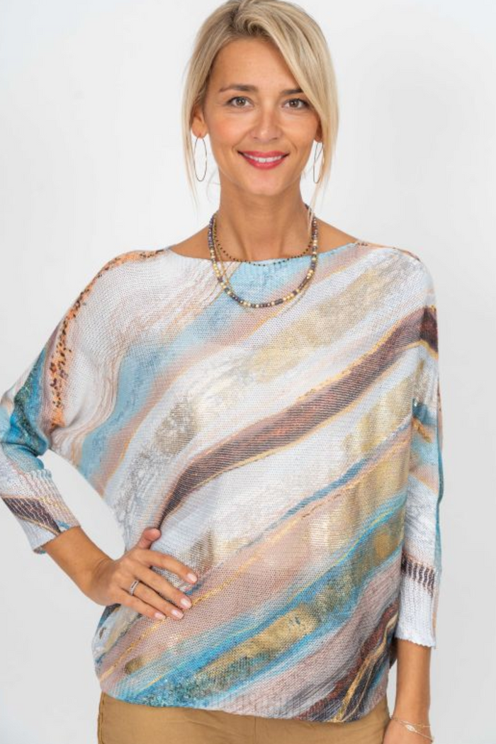 Multicolor Abstract Wave Print Batwing Sweater