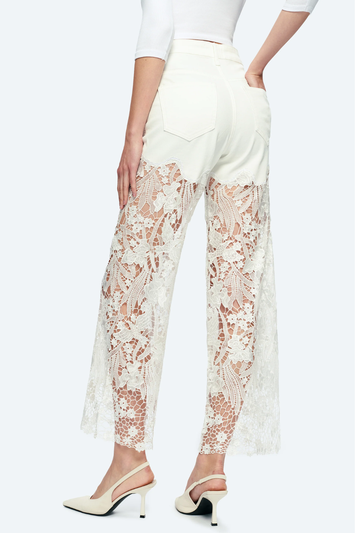 Embroidery High Rise Wide Leg Lace Denim Jeans With Rhinestone
