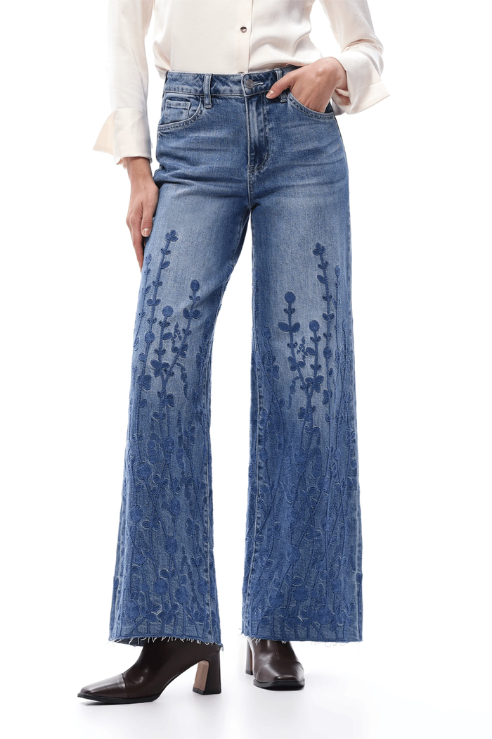 Embroidered High Waist Wide Leg Jeans