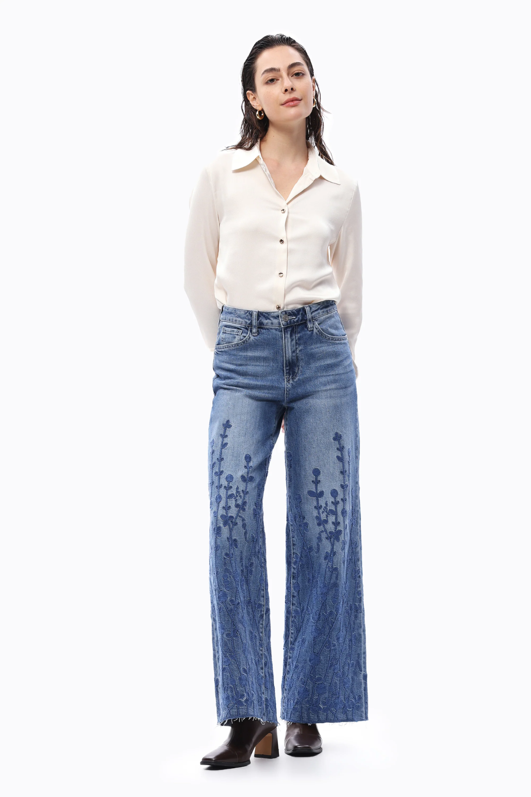 Embroidered High Waist Wide Leg Jeans