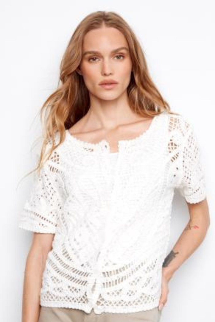 Short Sleeve Crochet Sweater w/ Placket & Buttons at Back