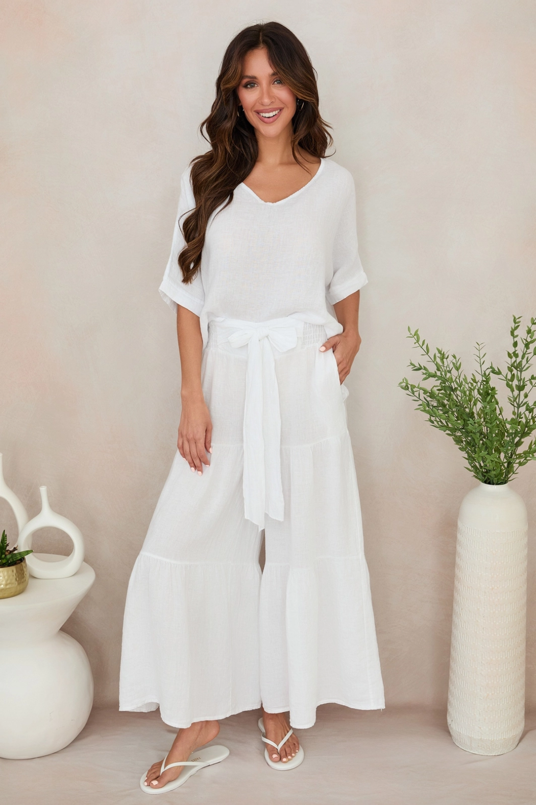 Bow Tie Linen Tiered Palazzo Pant