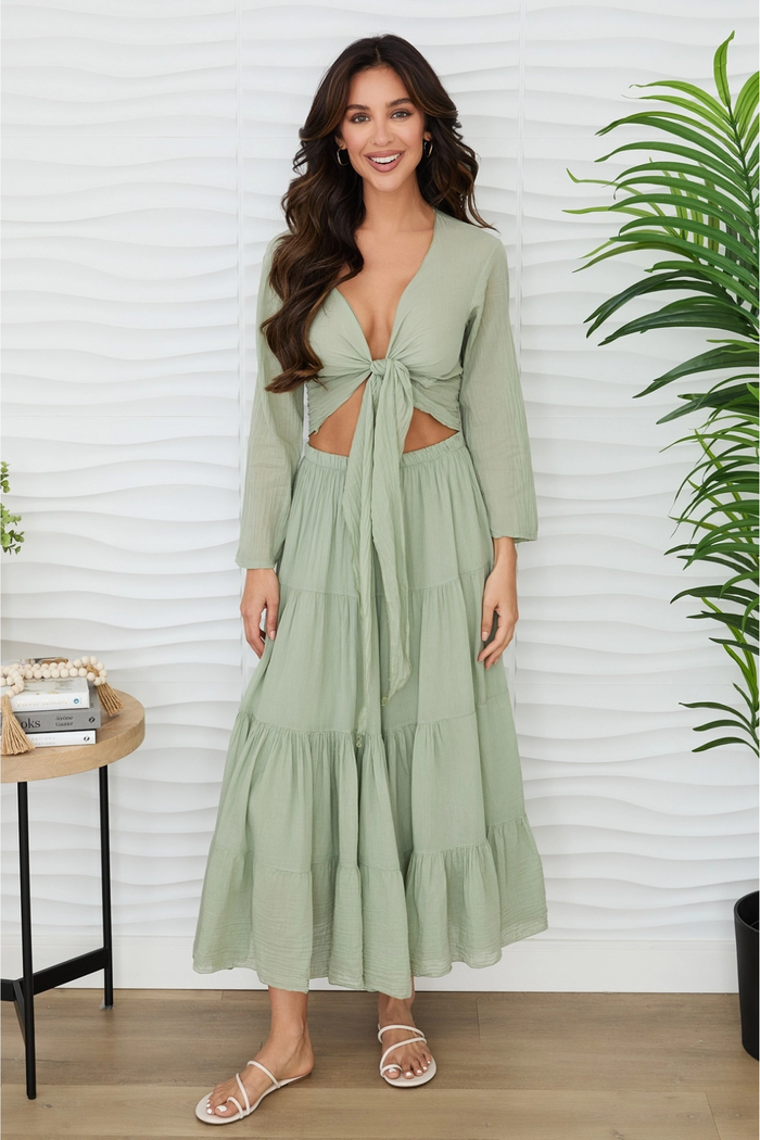 Cotton Long Sleeve Tie Top