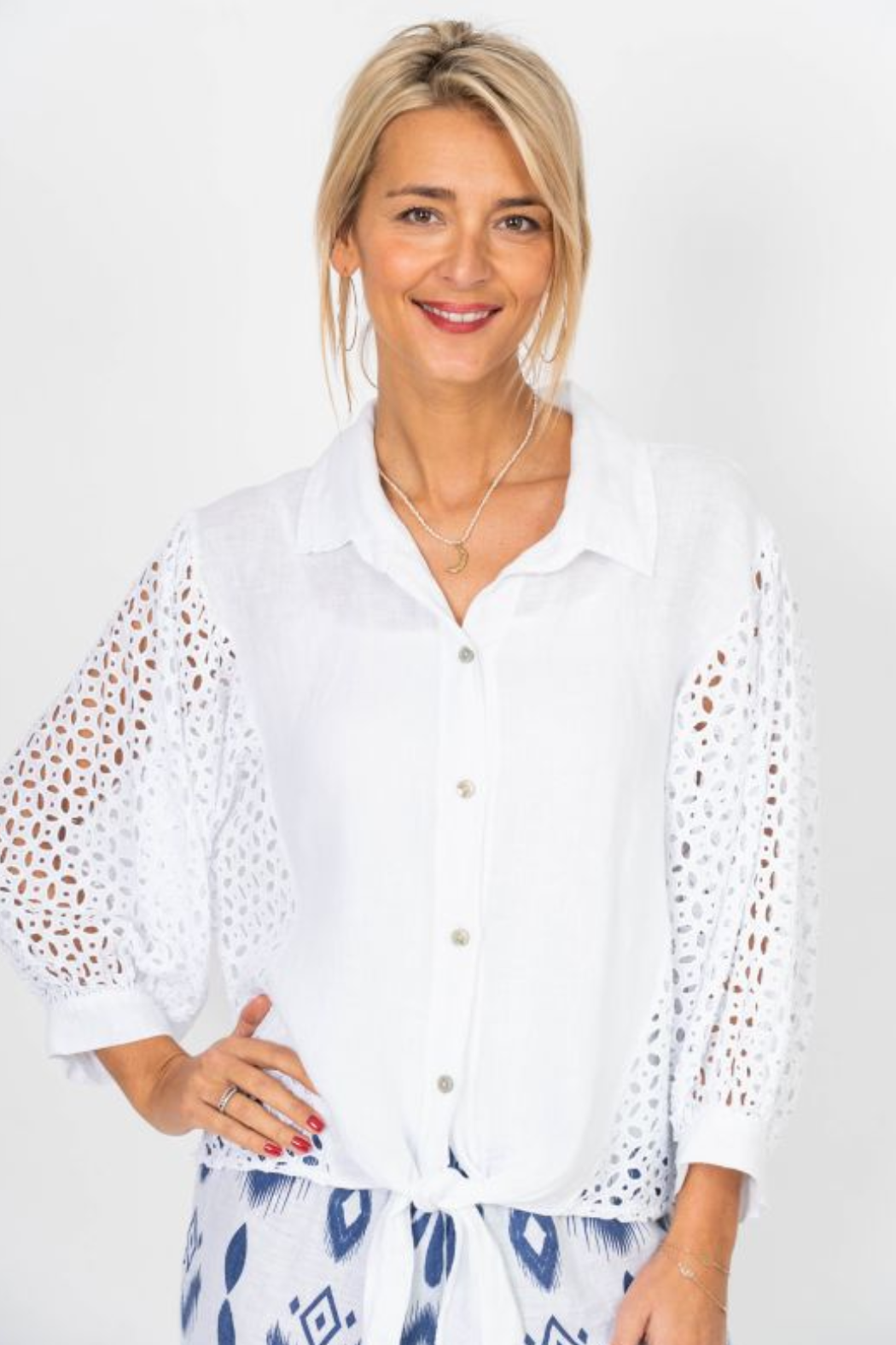 Eyelet Sleeve Tie Front Blouse