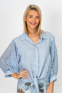 Eyelet Sleeve Tie Front Blouse