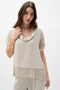 Woven Gauze and Mesh Boxy Top with Cowl Collar
