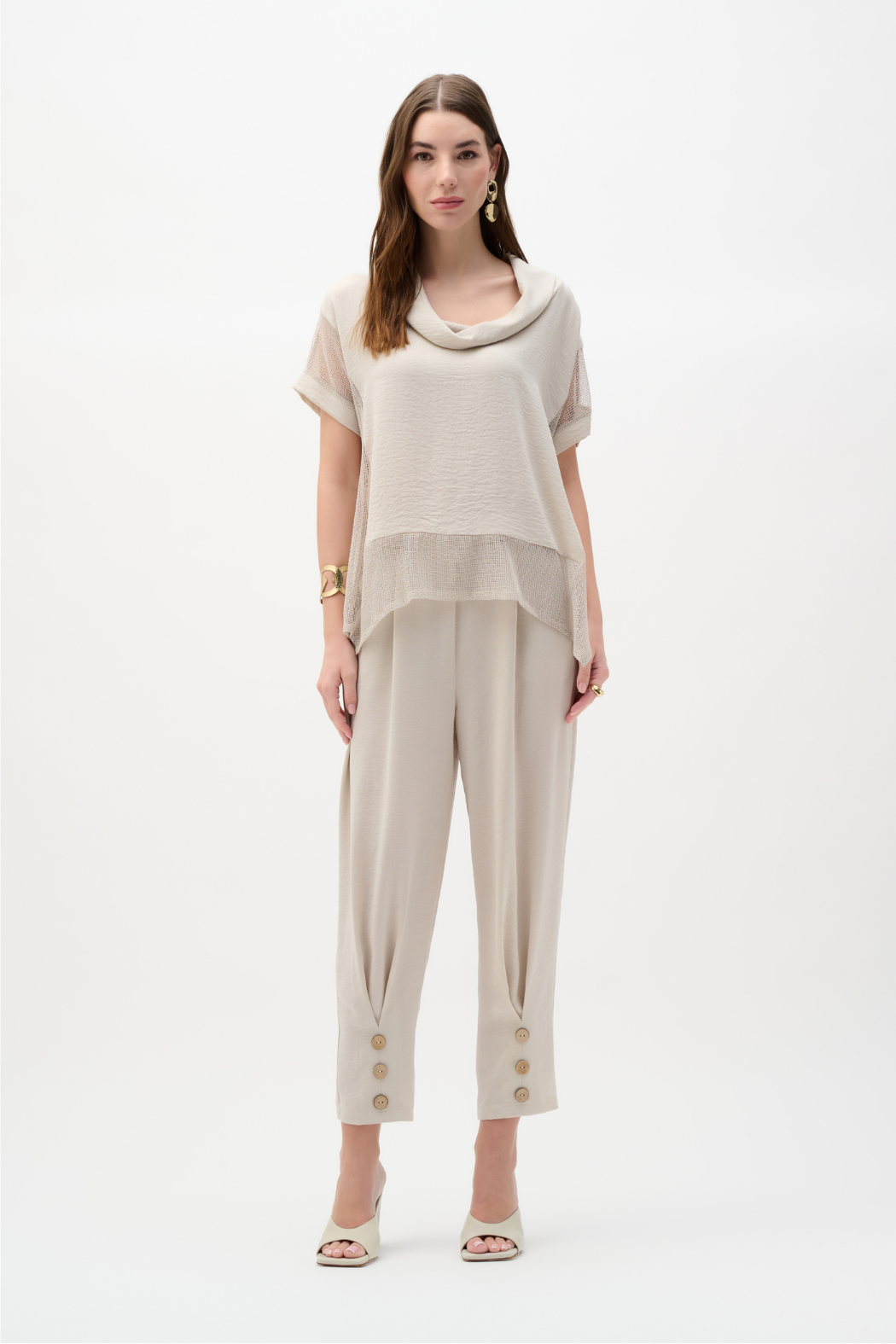 Woven Gauze and Mesh Boxy Top with Cowl Collar