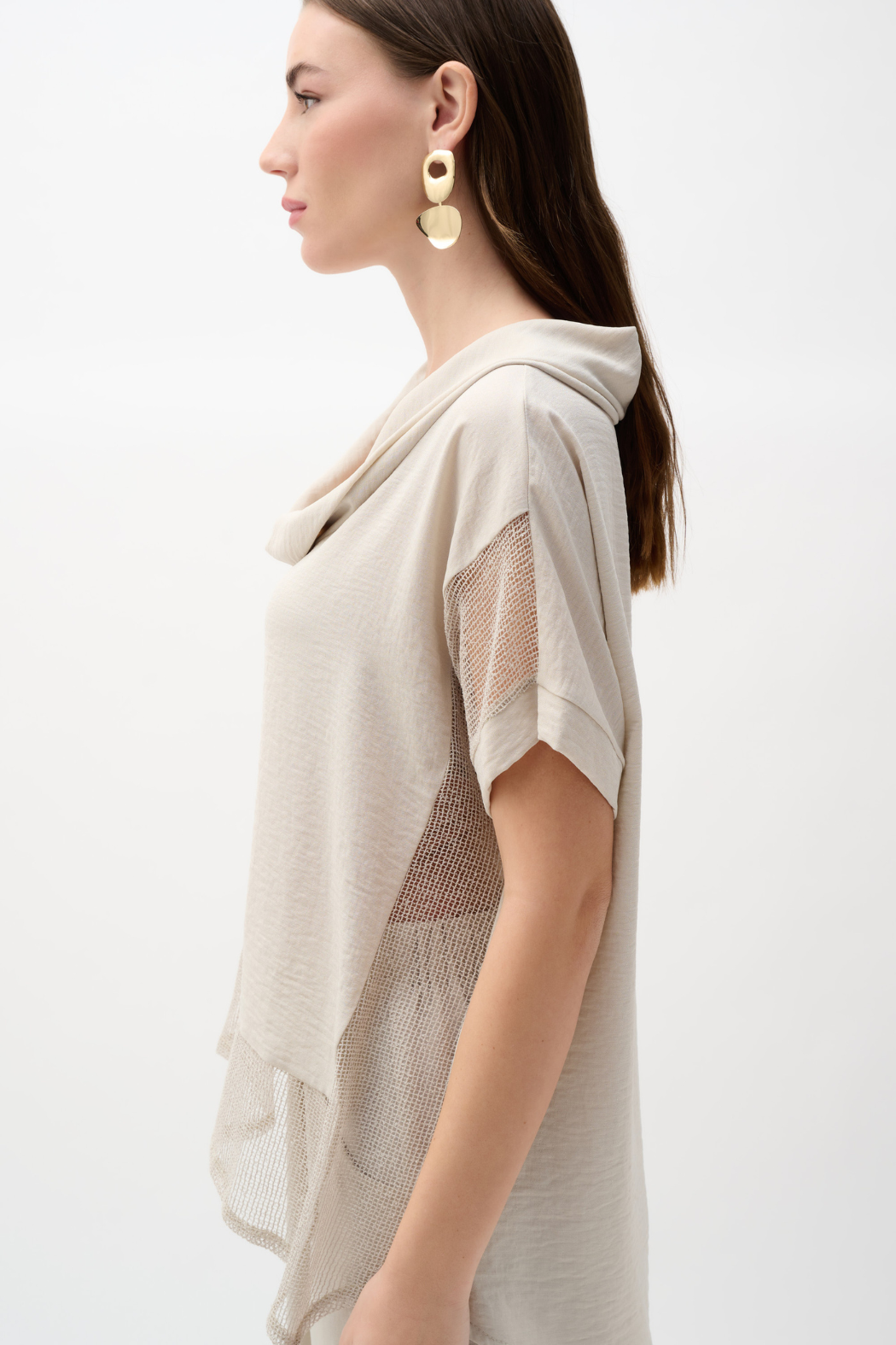 Woven Gauze and Mesh Boxy Top with Cowl Collar
