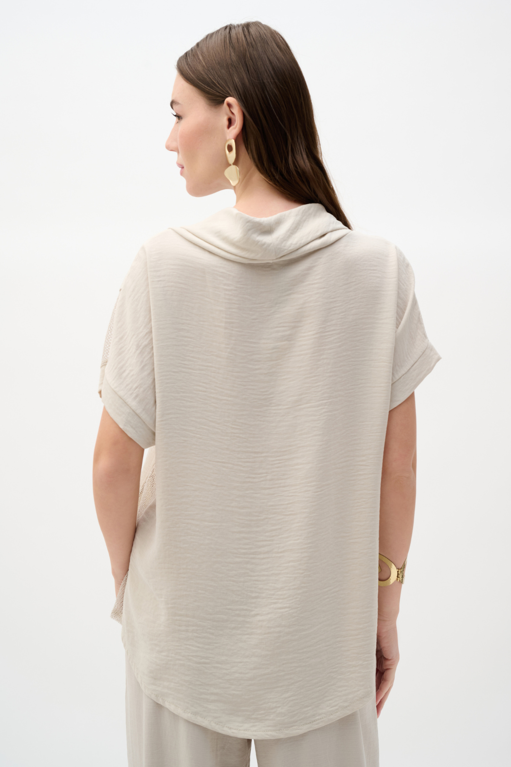 Woven Gauze and Mesh Boxy Top with Cowl Collar