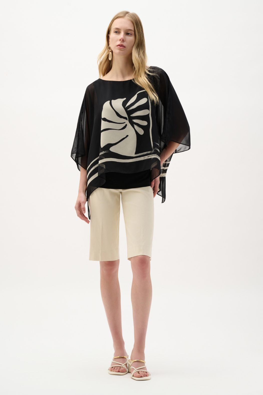 Sheer Woven Tropical Print And Silky Knit Poncho Top