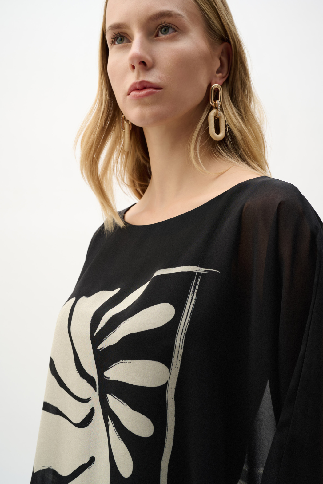 Sheer Woven Tropical Print And Silky Knit Poncho Top