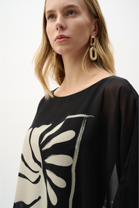 Sheer Woven Tropical Print And Silky Knit Poncho Top