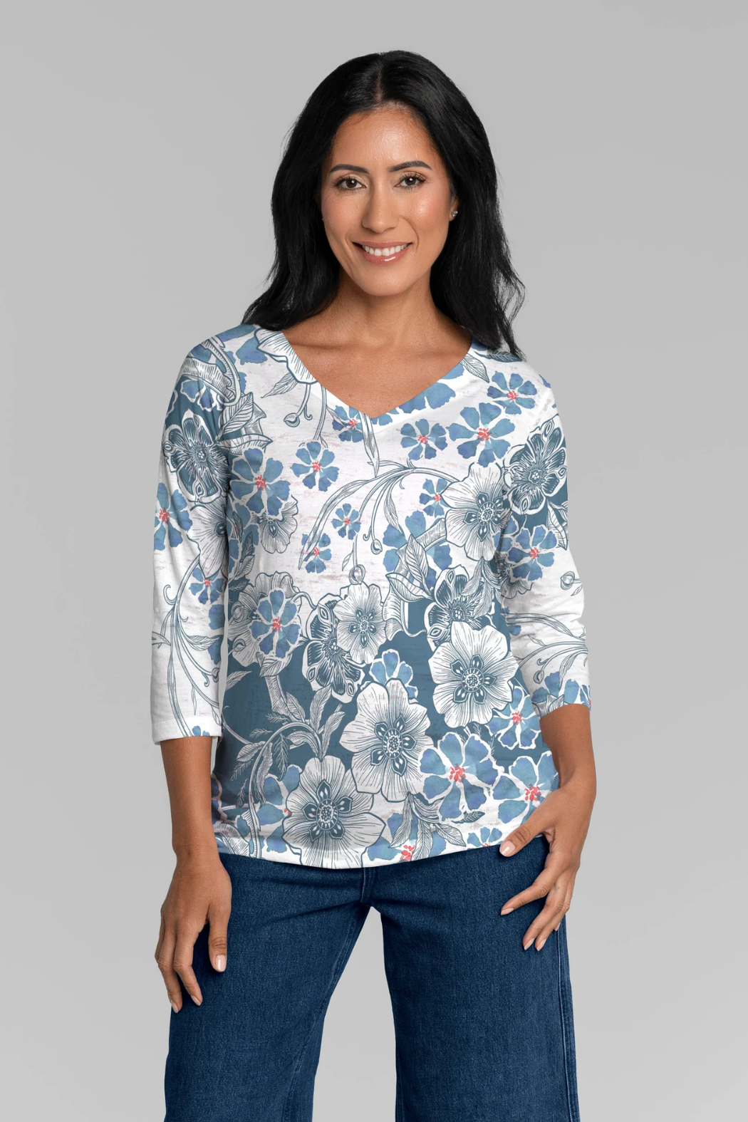 Kalani Green Signature 3/4 Sleeve V-Neck Top