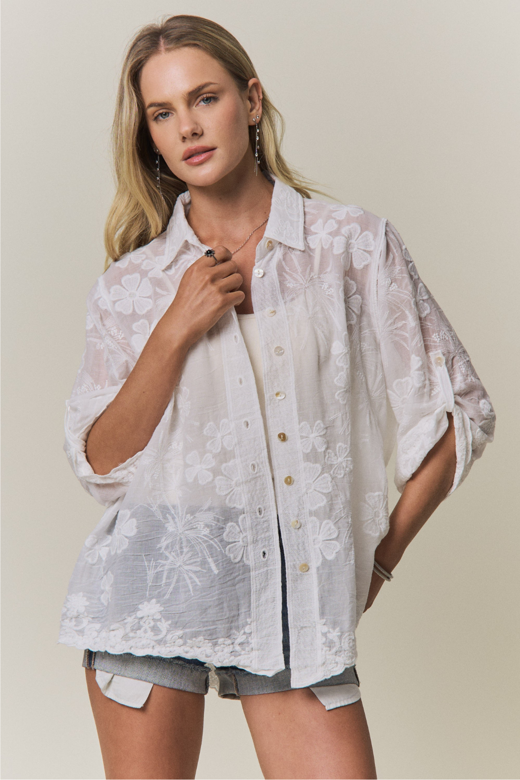 Floral Embroidered Sheer Button-down Shirt