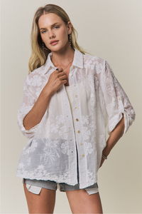 Floral Embroidered Sheer Button-down Shirt