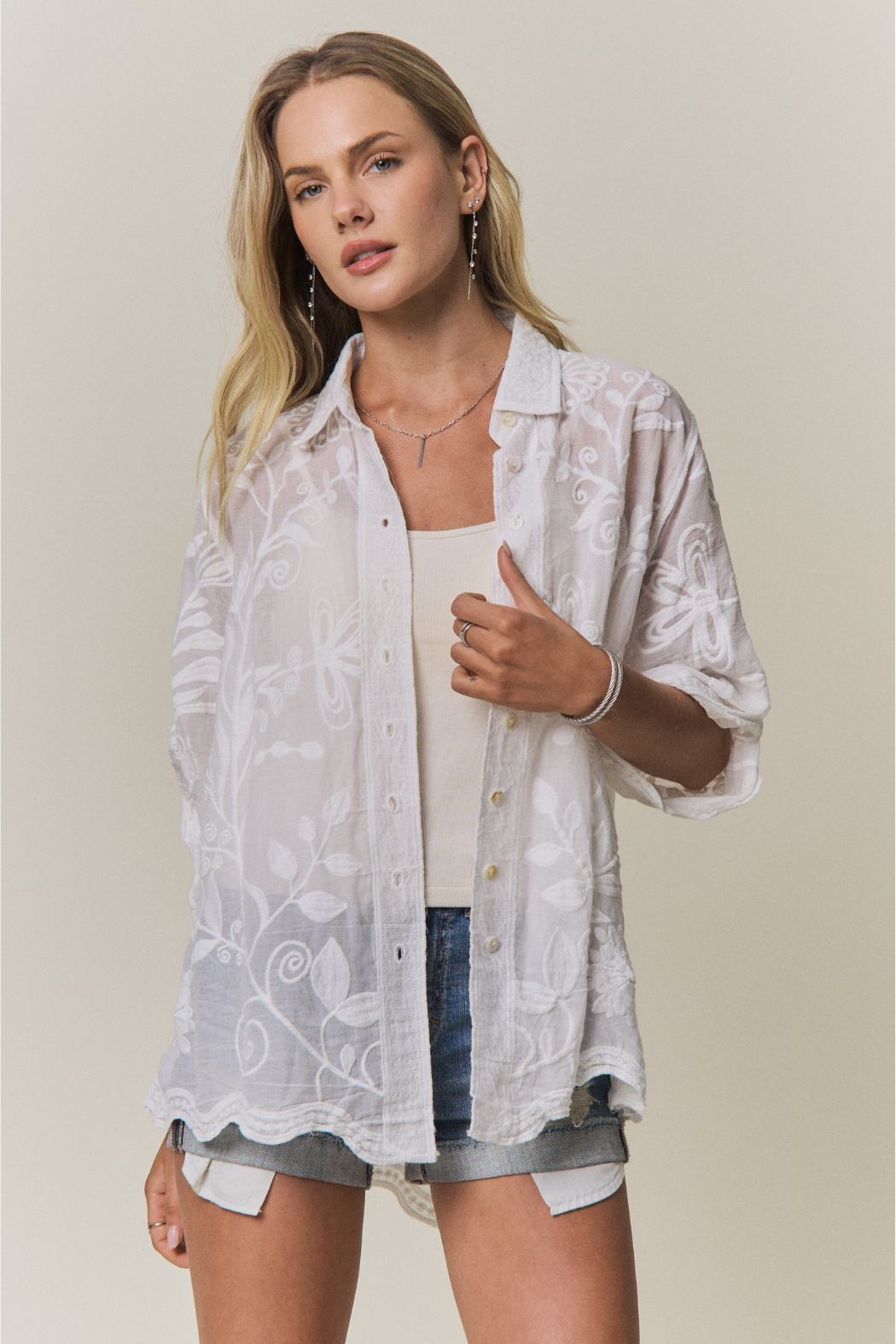 Boho Embroidered Button-down Top