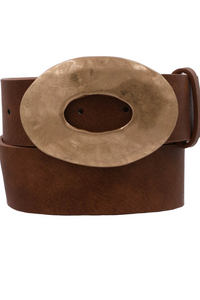 Metal Pounded Oval Buckle Faux Leather Belt