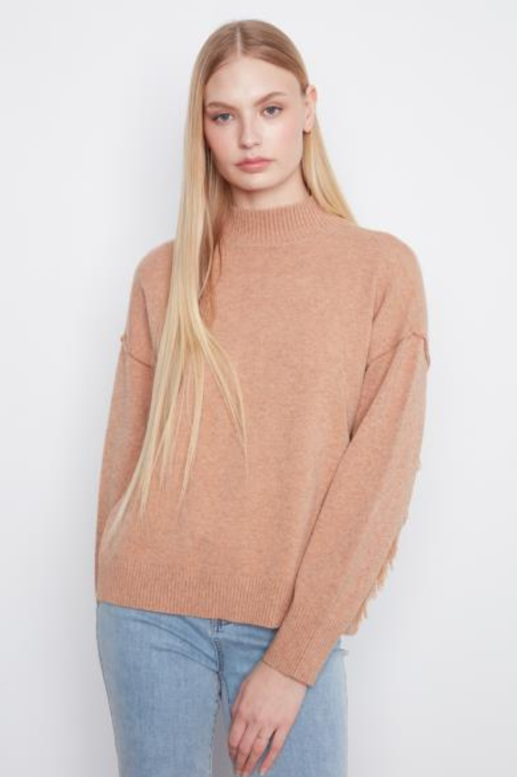 Long Sleeve Drop Shoulder Mock Neck Sweater with Fringe Detail