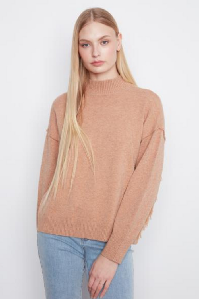Long Sleeve Drop Shoulder Mock Neck Sweater with Fringe Detail
