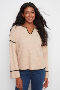 Embroidered Ribbed Sweater with Notch Neck