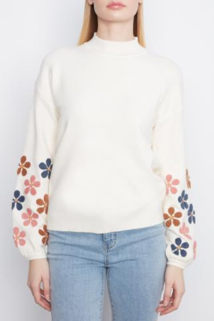 Mock Neck Sweater With Embroidery At Sleeves