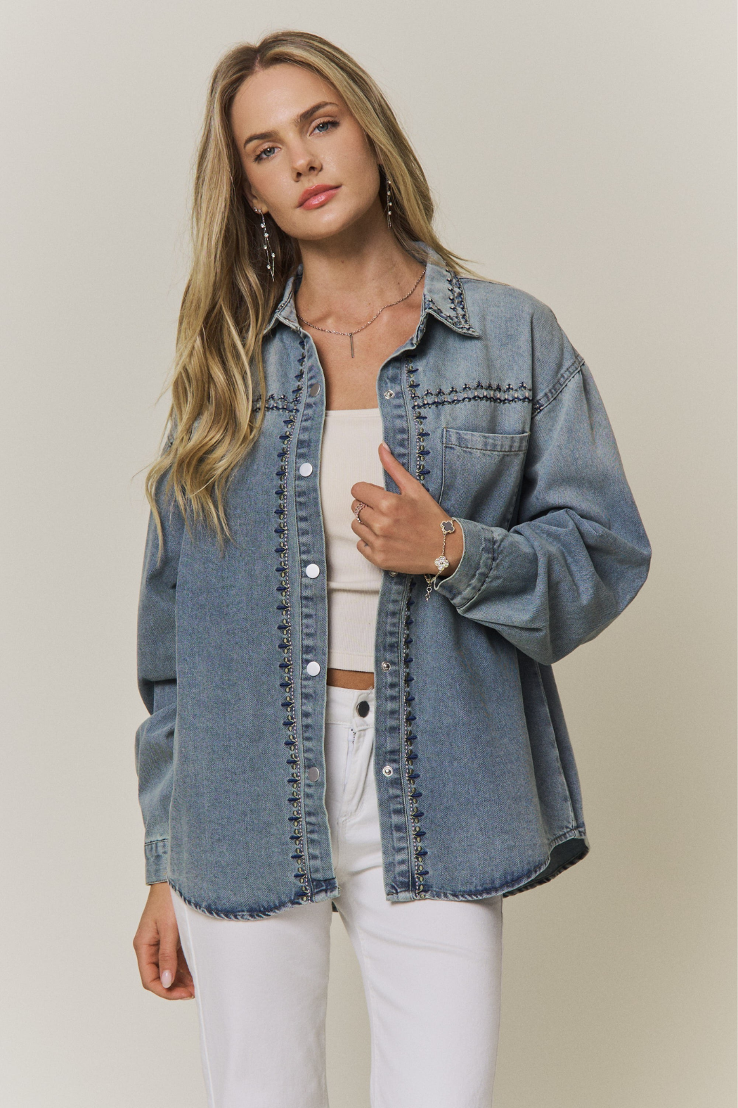 Embroidery Pattern Denim Button Up Shirt