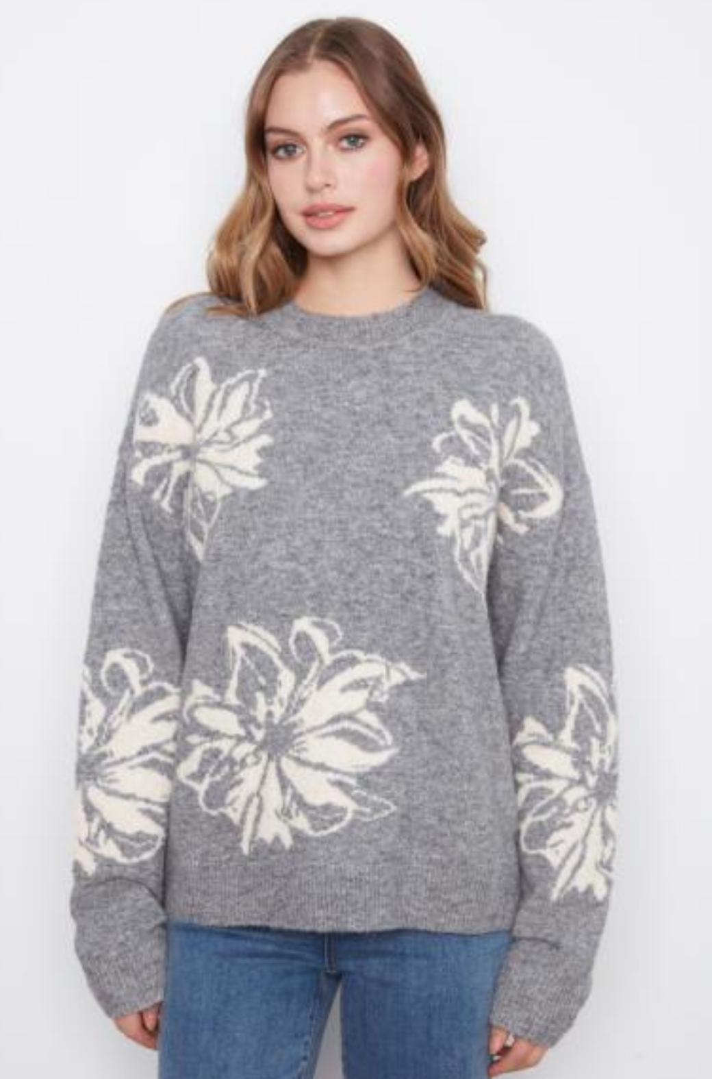 Long Sleeve Crew Neck Placed Jacquard Sweater