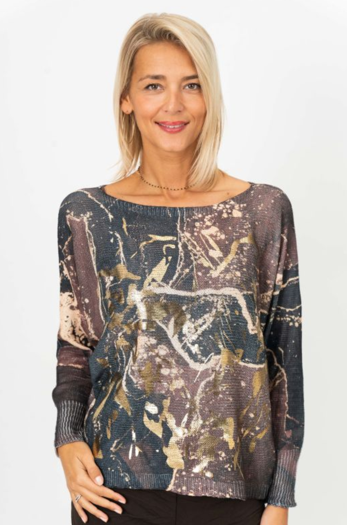 Printed and Gold Detail Batwing Sweater