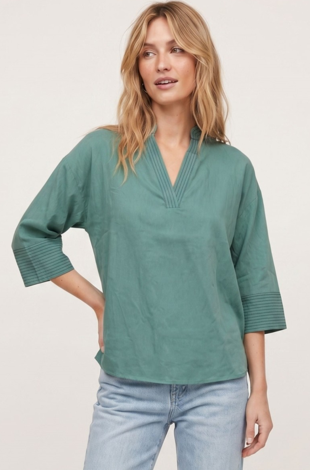 Contrast Stitch Detail Popover Blouse