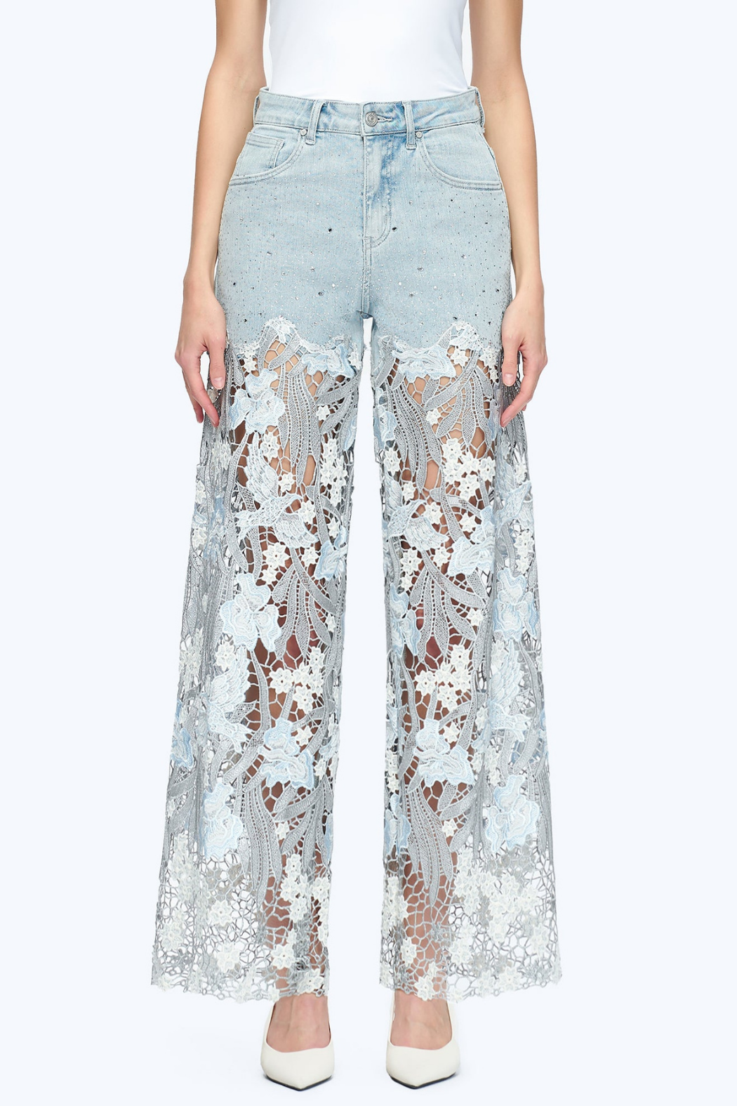 Embroidery High Rise Wide Leg Lace Denim Jeans With Rhinestone