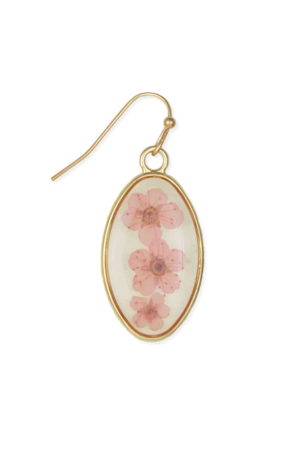 Pretty In Pink Dried Flower Gold Oval Earrings
