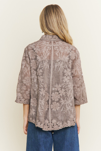Floral Embroidered Sheer Button-down Shirt