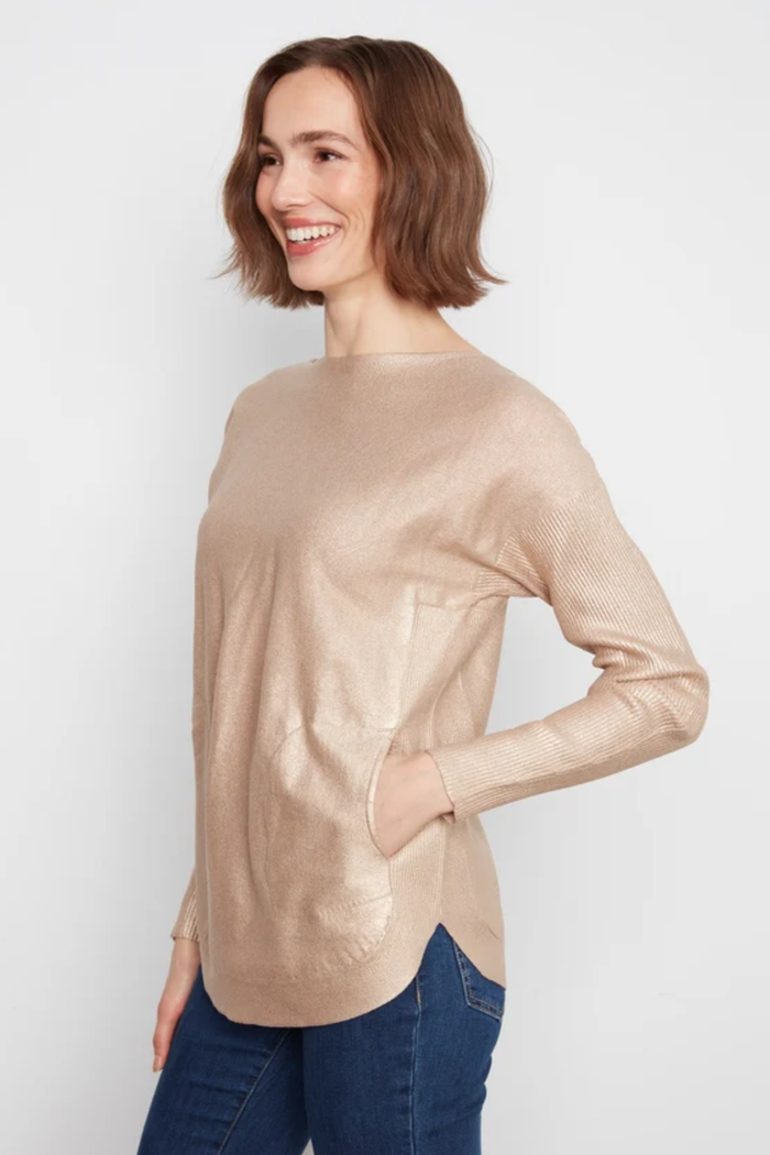 Long Sleeve Boat Neck Foiled Print Sweater With Pockets