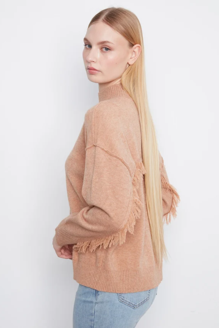 Long Sleeve Drop Shoulder Mock Neck Sweater with Fringe Detail