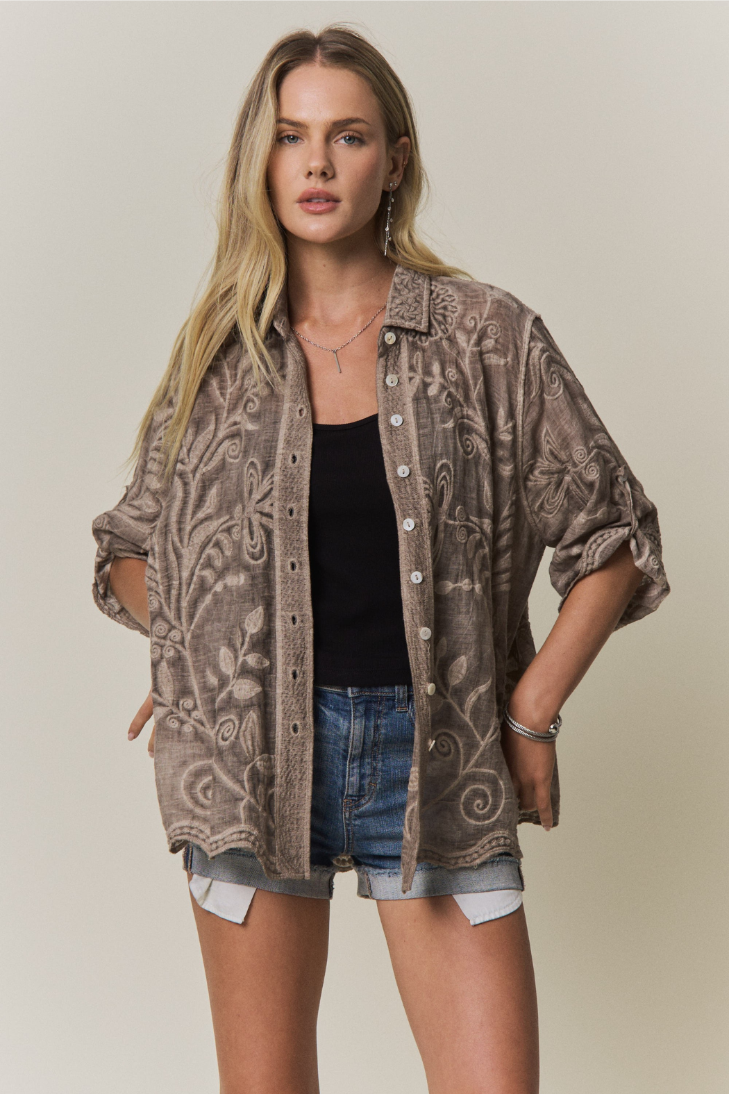 Boho Embroidered Button-down Top
