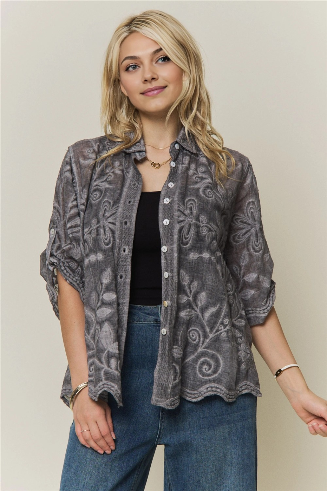 Boho Embroidered Button-down Top