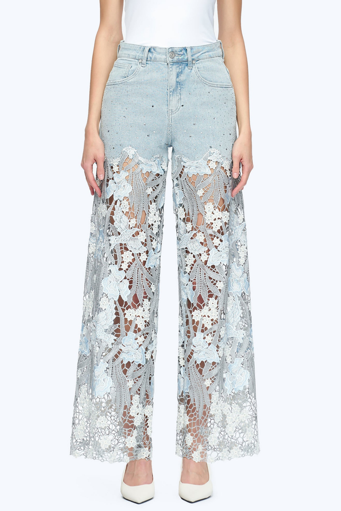 Embroidery High Rise Wide Leg Lace Denim Jeans With Rhinestone