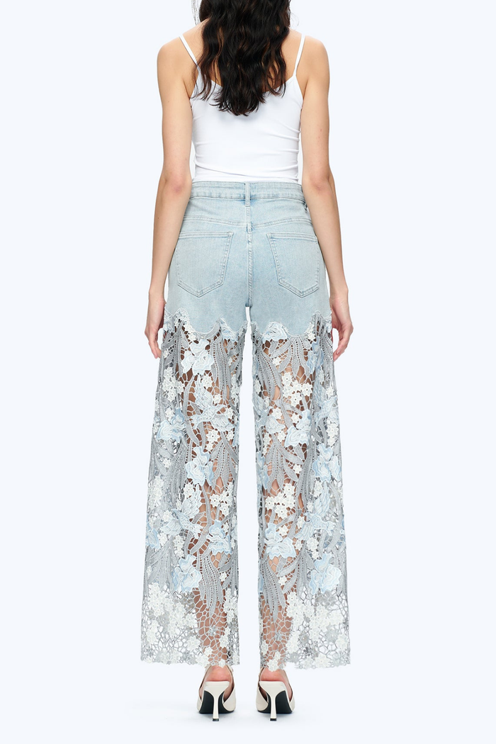 Embroidery High Rise Wide Leg Lace Denim Jeans With Rhinestone