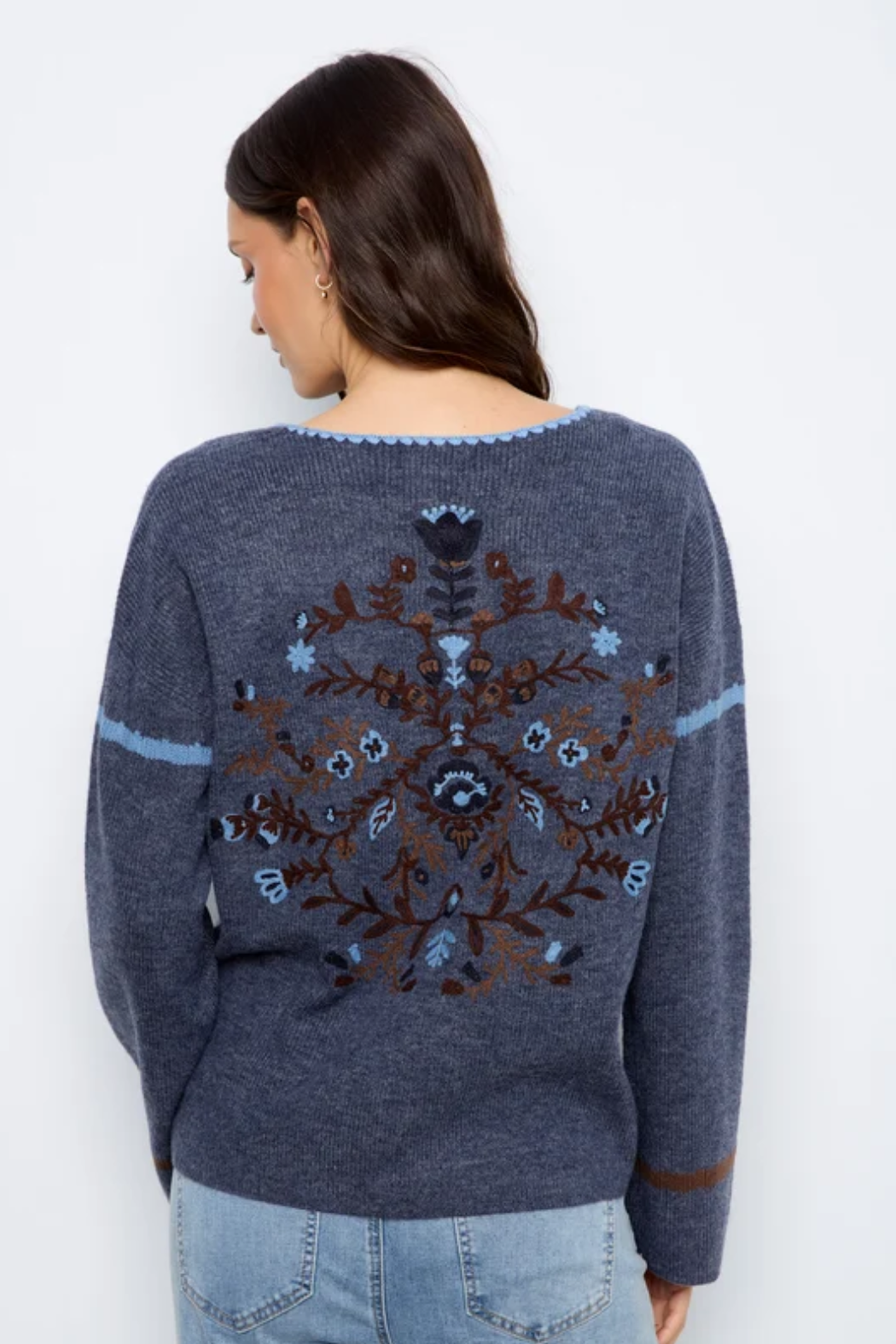 Embroidered Ribbed Sweater with Notch Neck