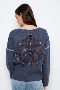 Embroidered Ribbed Sweater with Notch Neck