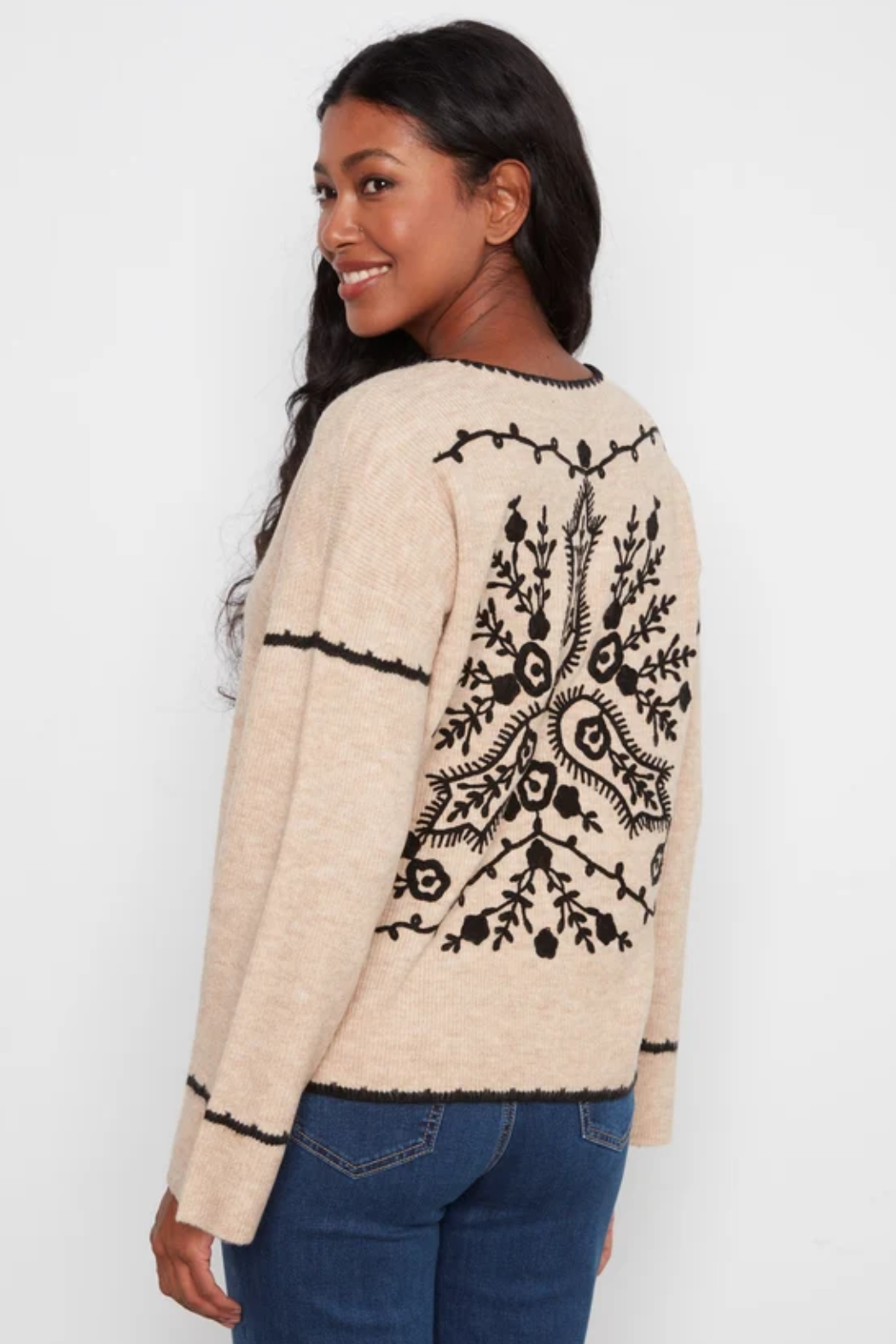 Embroidered Ribbed Sweater with Notch Neck