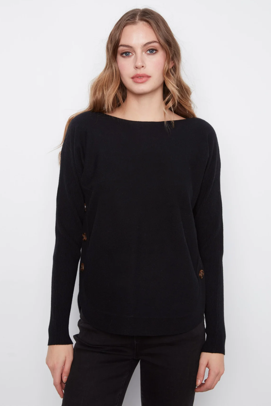Long Sleeve Drop Shoulder Boat Neck Sweater With Side Button