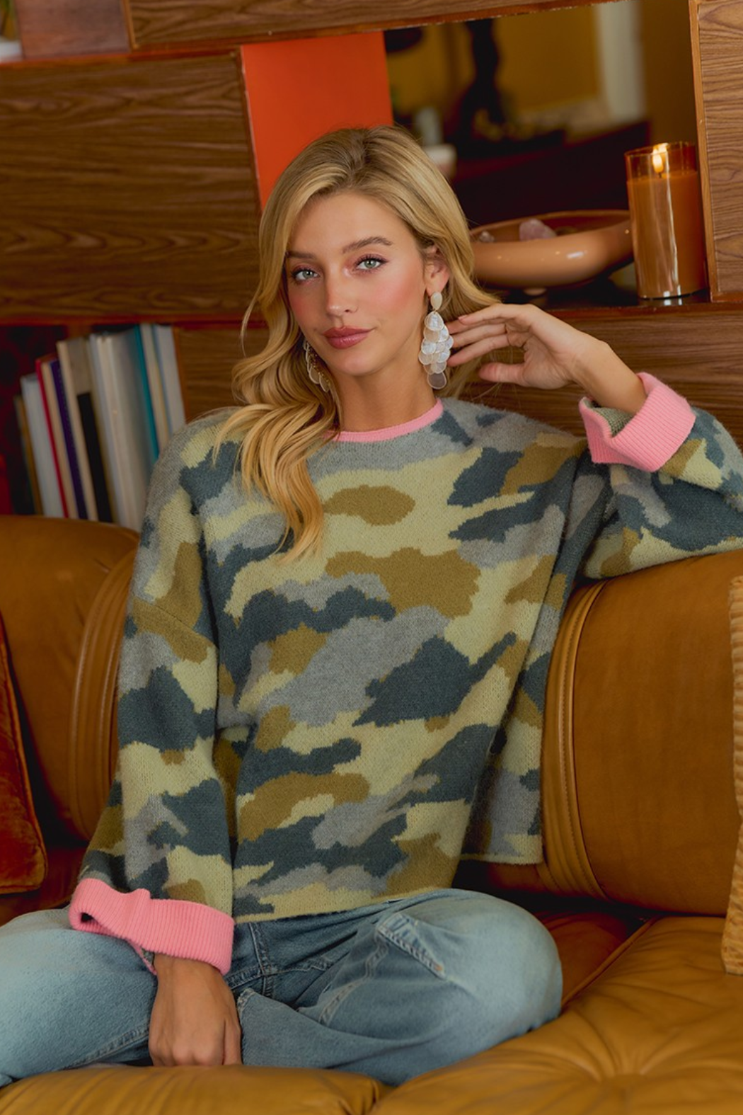Soft Camo Contrast Neck And Roll Up Sweater
