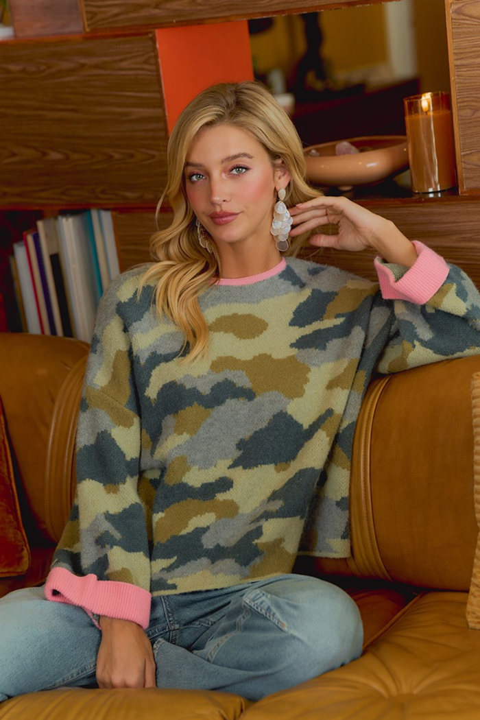 Soft Camo Contrast Neck And Roll Up Sweater