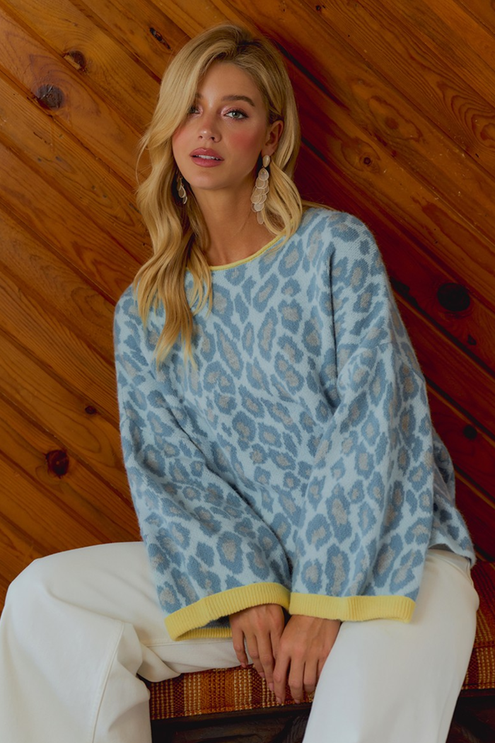 Soft Leopard Contrast Neck And Roll Up Sweater