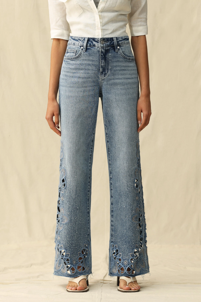 Mid Rise Embroidered Lace Wide Leg Jeans