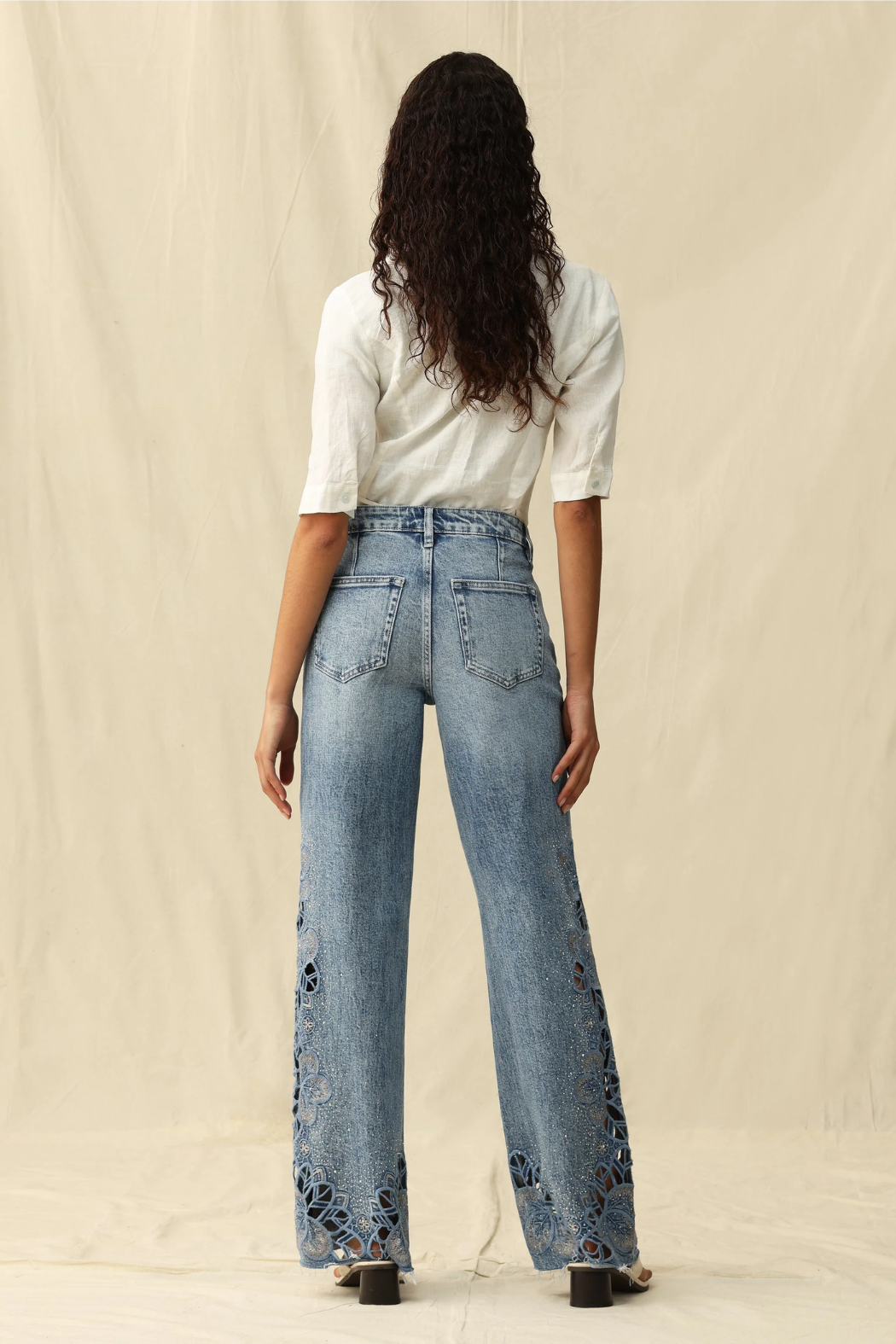Mid Rise Embroidered Lace Wide Leg Jeans